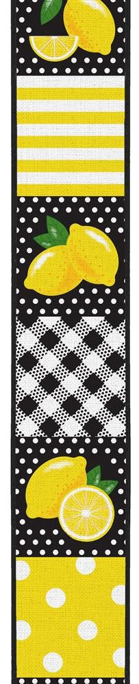 Wired Ribbon * Lemon Block Pattern * White, Yellow, Green and Black Canvas * 2.5" x 10 Yards * RGC1263