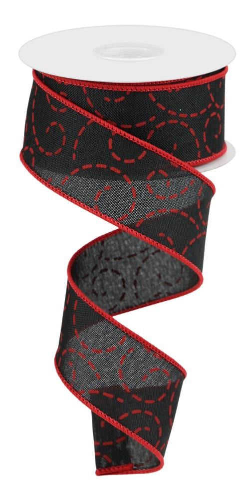 Wired Ribbon * Dashes and Swirls * Black and Red * Ladybug * Canvas * 1.5" x 10 Yards * RGC127602
