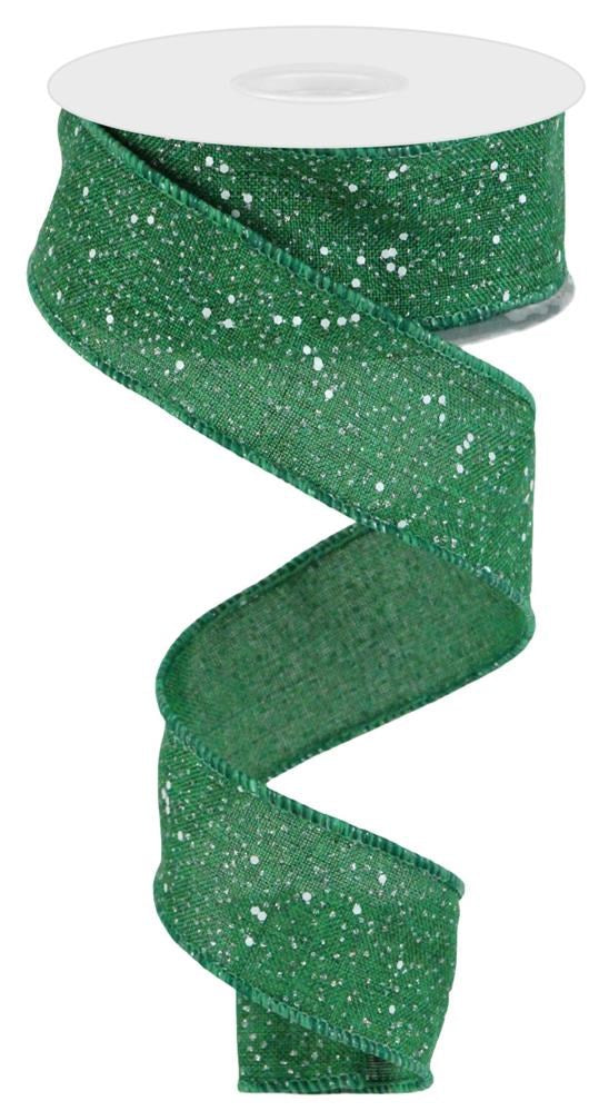 Wired Ribbon * Multi Snow Glitter * Emerald Green and White Canvas * 1.5" x 10 Yards * RGC129106