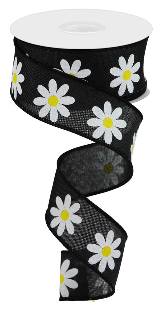 Wired Ribbon * Daisy * Black, White Yellow Canvas * 1.5" x 10 Yards * RGC130802