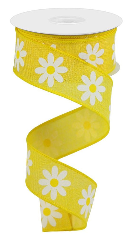 Wired Ribbon * Daisy * Sun Yellow, White Yellow Canvas * 1.5" x 10 Yards * RGC13088N