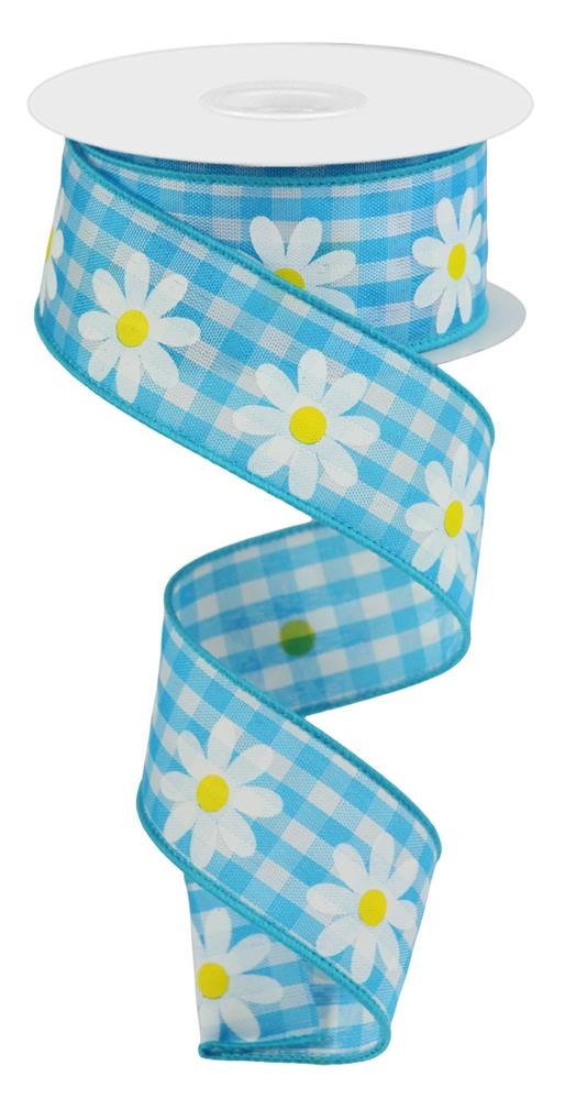 Wired Ribbon * Daisy On Gingham * Light Blue, White and Yellow Woven Canvas * 1.5" x 10 Yards * RGC1310DC