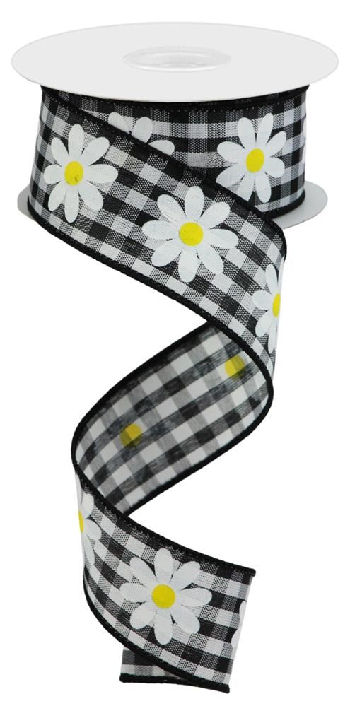 Wired Ribbon * Daisy On Gingham * White, Yellow and Black Woven Canvas * 1.5" x 10 Yards * RGC1310X6