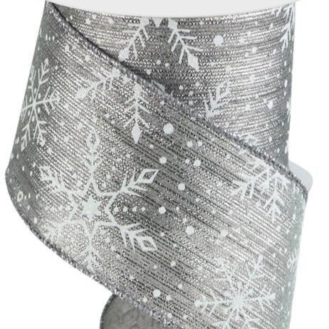 Wired Ribbon * Snowflakes and Snow on Metallic  * Pewter, White, Silver  * 2.5" x 10 Yards  Canvas * RGC1367H9