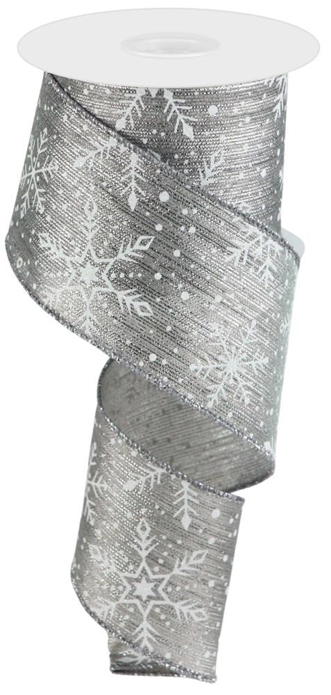Wired Ribbon * Snowflakes and Snow on Metallic * Pewter, White, Silver * 2.5" x 10 Yards Canvas * RGC1367H9