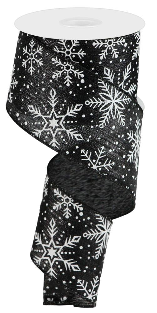 Wired Ribbon * Snowflakes and Snow on Metallic * Black, White, Silver * 2.5" x 10 Yards Canvas * RGC137002