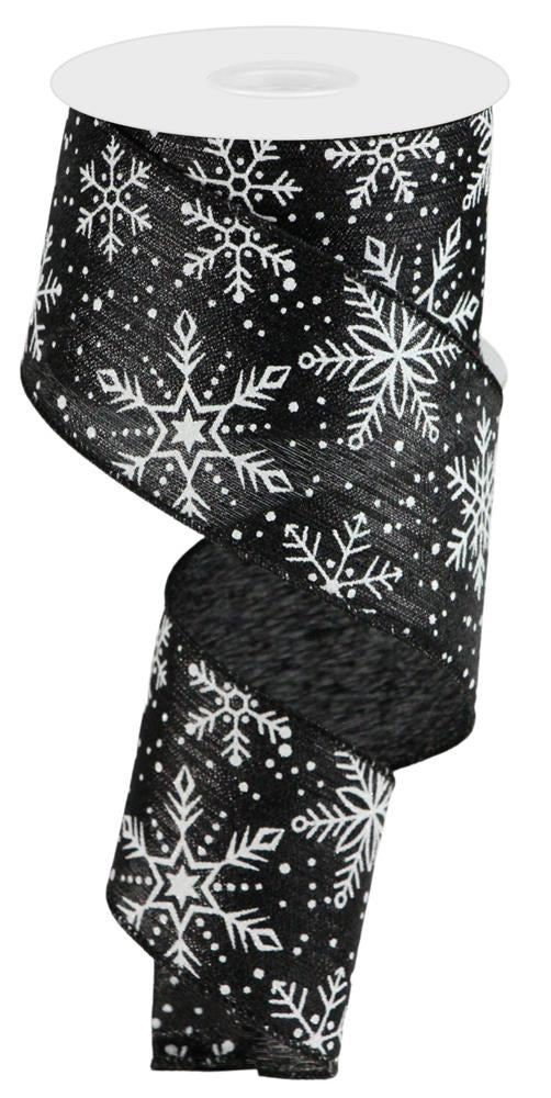 Wired Ribbon * Snowflakes and Snow on Metallic  * Black, White, Silver  * 2.5" x 10 Yards  Canvas * RGC137002