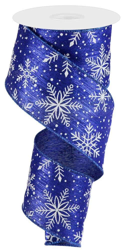 Wired Ribbon * Snowflakes and Snow on Metallic * Royal Blue, White, Silver * 2.5" x 10 Yards Canvas * RGC137025