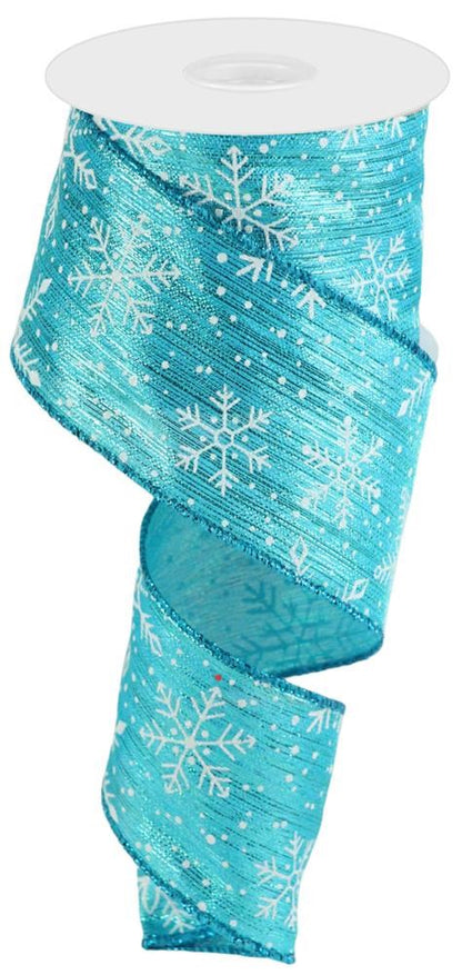 Wired Ribbon * Snowflakes and Snow on Metallic  * Turquoise, White, Silver  * 2.5" x 10 Yards  Canvas * RGC137034