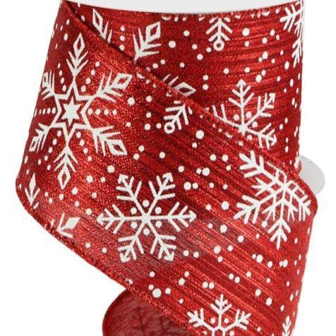 Wired Ribbon * Snowflakes and Snow on Metallic  * Red, White, Silver  * 2.5" x 10 Yards  Canvas * RGC137324