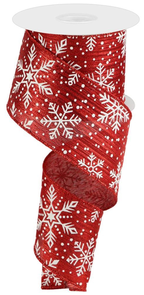 Wired Ribbon * Snowflakes and Snow on Metallic  * Red, White, Silver  * 2.5" x 10 Yards  Canvas * RGC137324