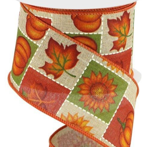 Wired Ribbon * Pumpkins, Sunflowers and Maple Leaves * Beige, Moss Green, Orange, Rust and Brown * 2.5" x 10 Yards * RGC140101