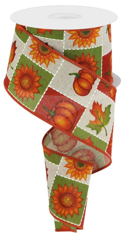Wired Ribbon * Pumpkins, Sunflowers and Maple Leaves * Lt. Natural, Moss, Orange, Rust and Brown Canvas * 2.5" x 10 Yards * RGC140118