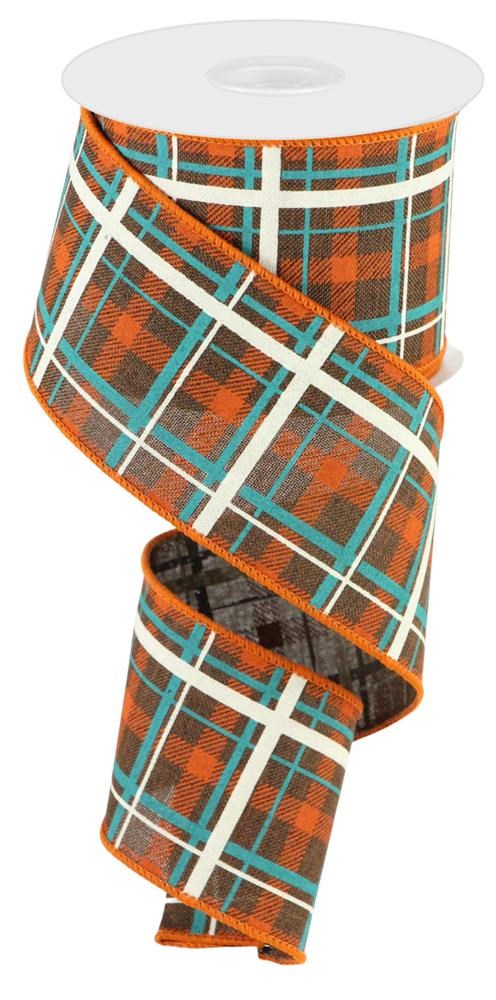 Wired Ribbon * Printed Plaid/Check Canvas * Brown Dk. Orange, Turquoise and Natural  * 2.5" x 10 Yards * RGC154104