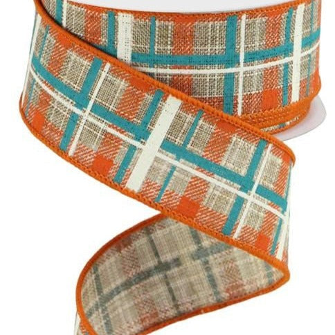 Wired Ribbon * Printed Plaid/Check * Beige, Dk. Orange, Turquoise and Lt. Natural * 1.5" x 10 Yards Canvas * RGC154301