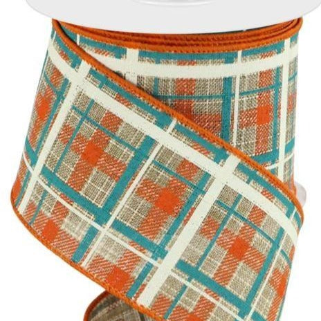 Wired Ribbon * Printed Plaid/Check Canvas * Beige, Dk. Orange, Turquoise and Natural  * 2.5" x 10 Yards * RGC154401