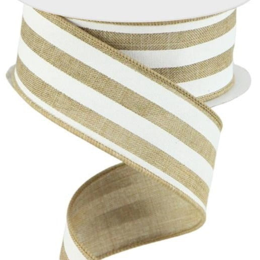 Wired Ribbon * Vertical Stripe * Lt. Beige and White Canvas * 1.5" x 10 Yards * RGC156201