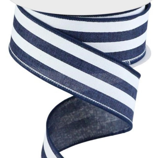 Wired Ribbon * Vertical Stripe * Navy and White Canvas * 1.5" x 10 Yards * RGC156219