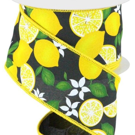 Wired Ribbon * Lemons/Slices With Flowers and Leaves * Black, White, Green and Yellow PG Canvas * 2.5" x 10 Yards * RGC165902