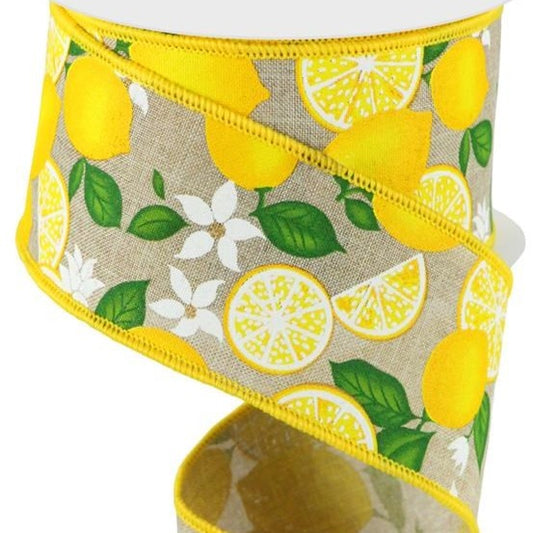 Wired Ribbon * Lemon with Leaves and Flowers * Natural, Yellow, Green and White Canvas * 2.5" x 10 Yards * RGC166118