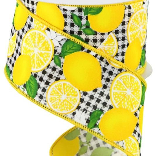 Wired Ribbon * Lemon with Leaves on Check * White, Yellow, Green and Black Canvas * 2.5" x 10 Yards * RGC1663E6