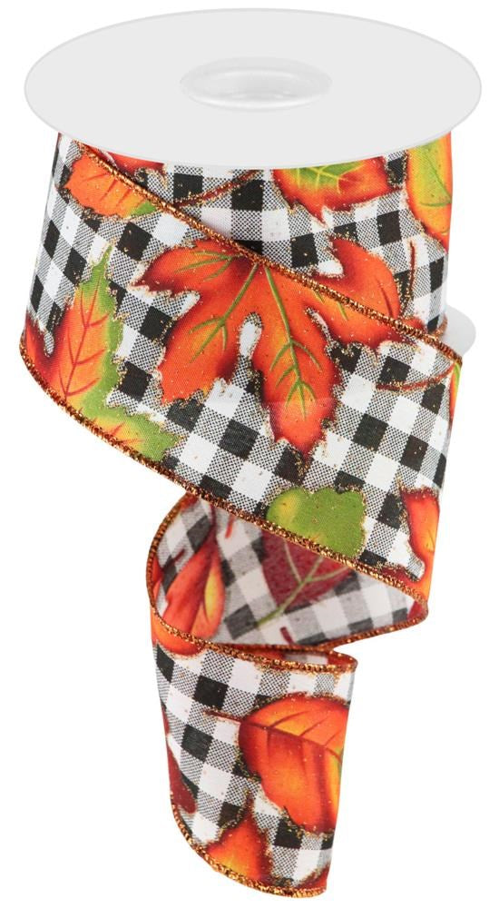 Wired Ribbon * Autumn Leaves on Check * White, Black, Green, Yellow and Orange * 2.5" x 10 Yards Canvas * RGC167627