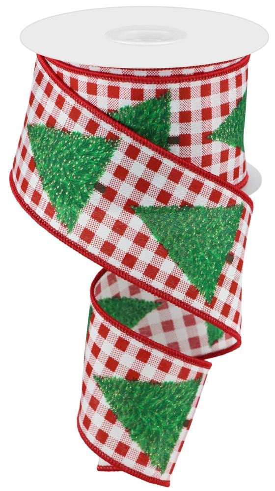 Wired Ribbon * Christmas Tree on Gingham * Glitter * White, Green Brown and Red * 2.5" x 10 Yards Canvas * RGC1699F4