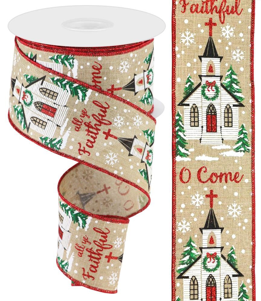 Wired Ribbon * O Come All Ye Faithful * Church * Lt. Beige, Red. Green and Black Canvas * 2.5" x 10 Yards * RGC1717R2