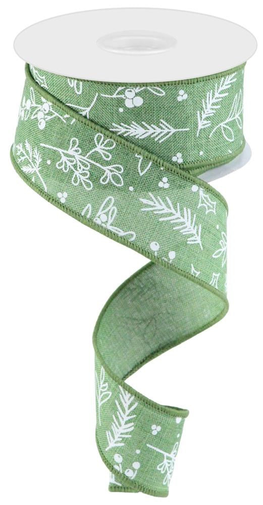 Wired Ribbon * Hand Drawn Winter Greenery * Clover Green and White * 1.5" x 10 Yards Canvas * RGC17202C