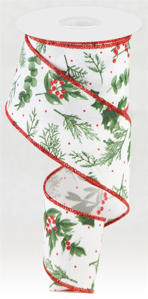 Wired Ribbon * Winter Foliage * White, Sage and Red Canvas * 2.5" x 10 Yards * RGC17282E