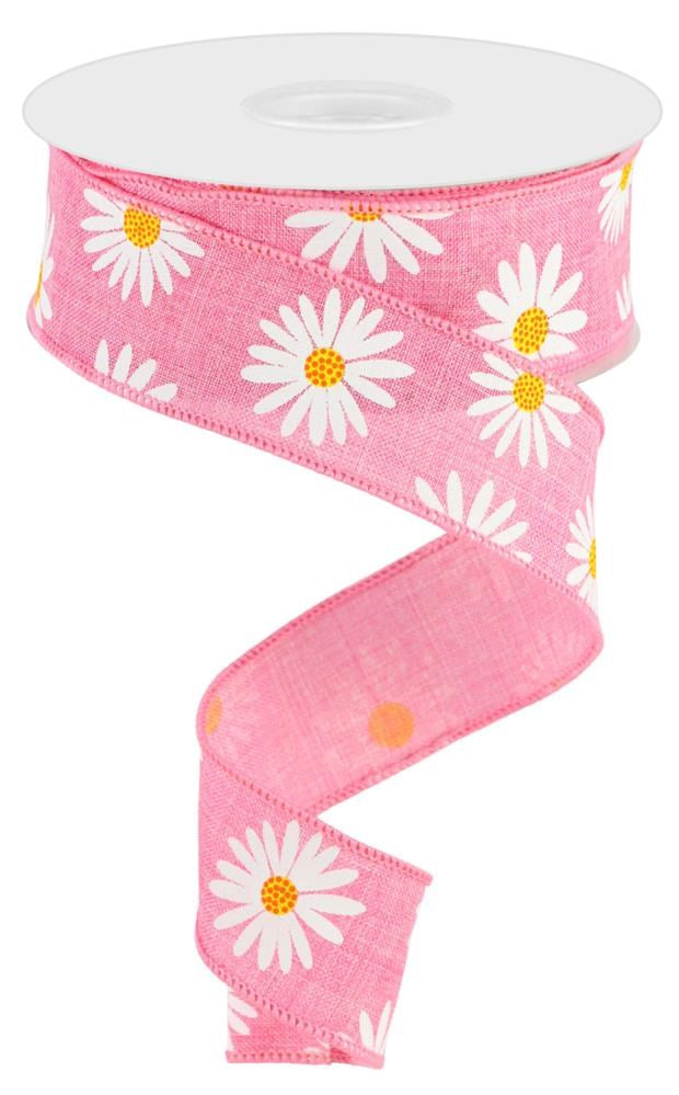 Wired Ribbon * Daisies * Pink, White, Yellow and Orange Canvas * 1.5" x 10 Yards * RGC173922