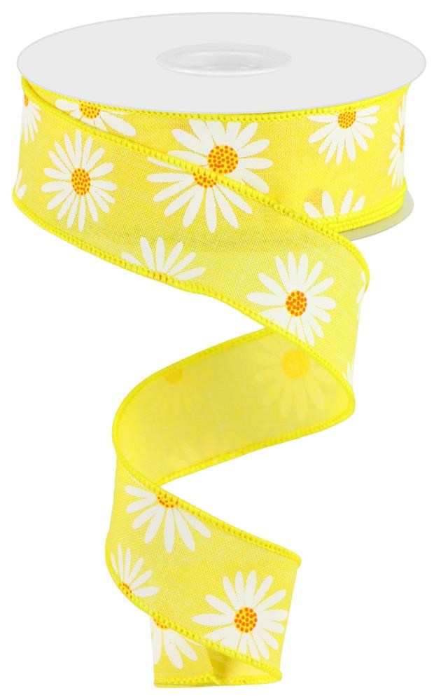 Wired Ribbon * Daisies * Yellow, White and Orange Canvas * 1.5" x 10 Yards * RGC173929