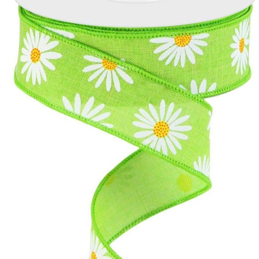 Wired Ribbon * Daisies * Lime, White, Yellow and Orange Canvas * 1.5"  x 10 Yards * RGC173933