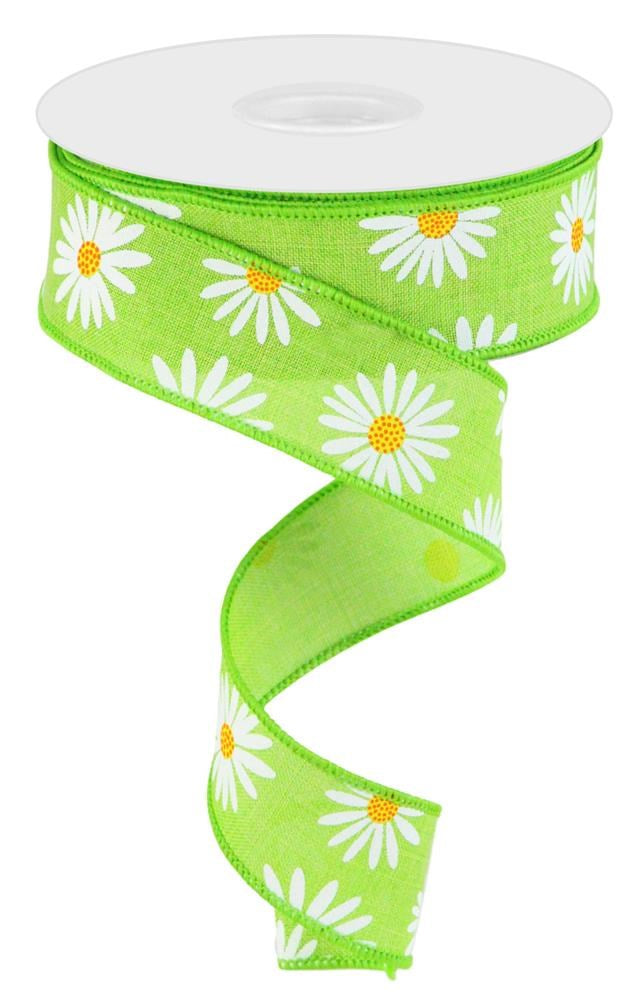 Wired Ribbon * Daisies * Lime, White, Yellow and Orange Canvas * 1.5"  x 10 Yards * RGC173933