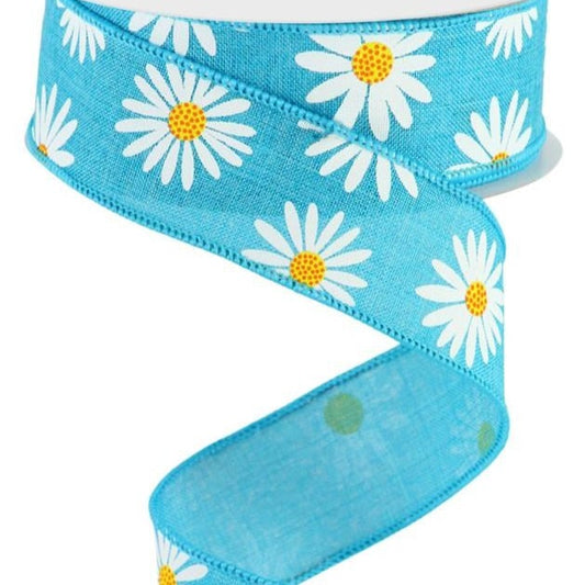 Wired Ribbon * Daisies * Turquoise, White and Orange Canvas * 1.5"  x 10 Yards * RGC1739A2