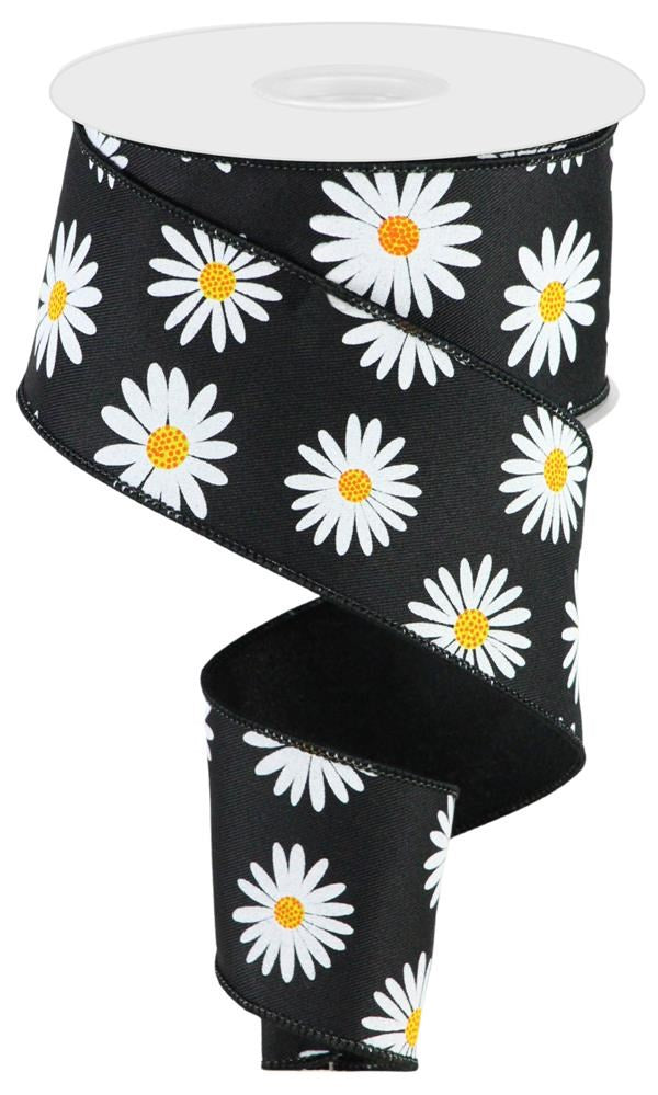 Wired Ribbon * Daisies * Black, White, Yellow and Orange Canvas * 2.5" x 10 Yards * RGC174002
