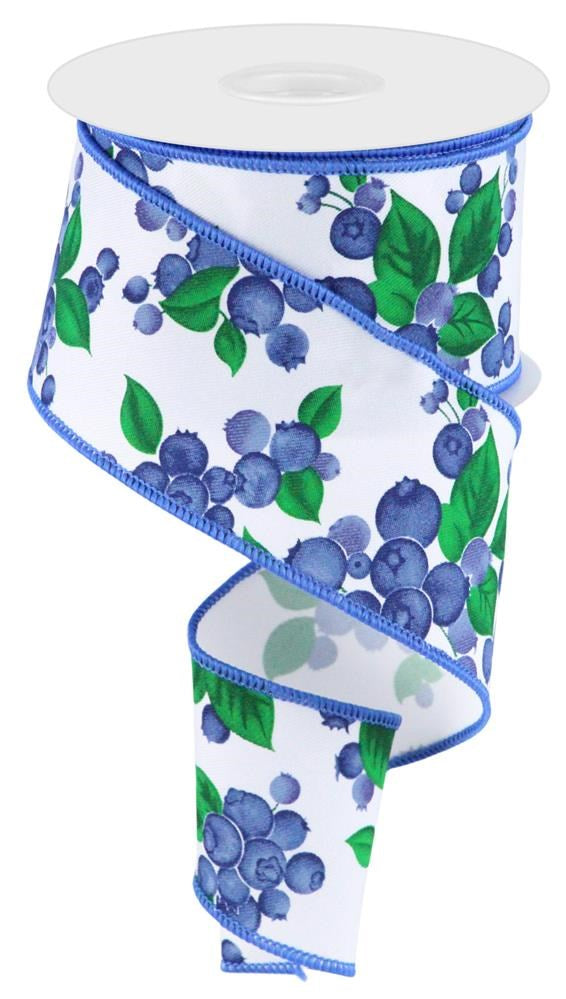 Wired Ribbon * Blueberries  * White, Blue and Green Canvas * 2.5" x 10 Yards * RGC175327