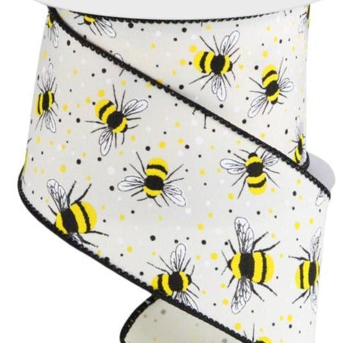 Wired Ribbon * Bumble Bees * Ivory, White, Yellow and Black Canvas * 2.5" x 10 Yards * RGC179897