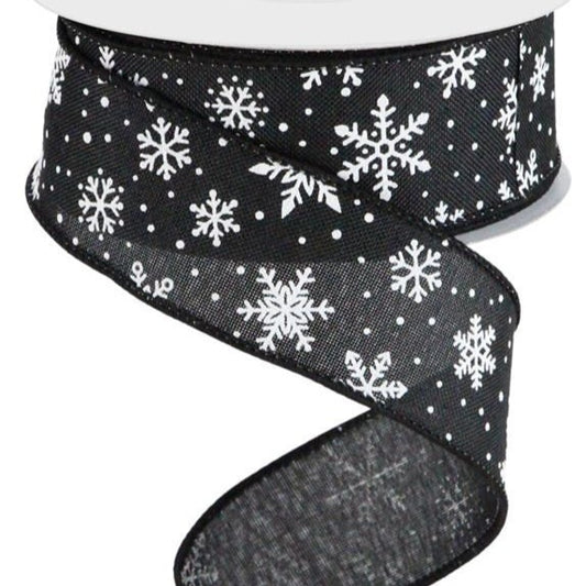 Wired Ribbon * Mini Snowflakes * Black and White * 1.5" x 10 Yards * Canvas * RGC182302