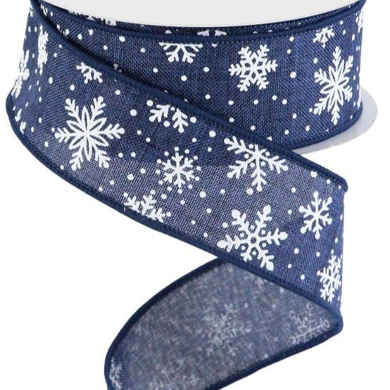 Wired Ribbon * Mini Snowflakes * Navy and White * 1.5 x 10 Yards