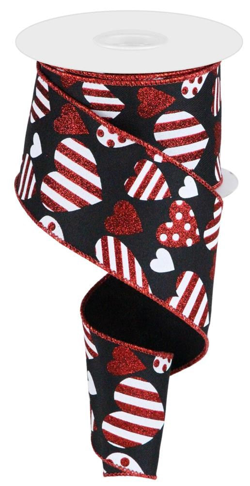 Valentine Wired Ribbon * Valentine Hearts * Black, White and Red Canvas * 2.5" x 10 Yards * RGC183902