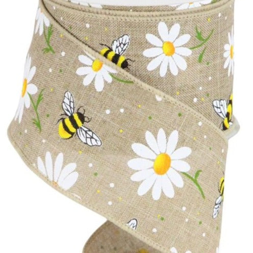 Wired Ribbon * Bumble Bees And Daisies * Beige, White, Yellow, Green,  Orange and Black * 2.5 x 10 Yards * RGC184801