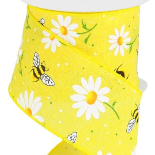Wired Ribbon * Bumble Bees And Daisies * Yellow, White, Green, Orange and Black * 2.5" x 10 Yards * RGC18488N