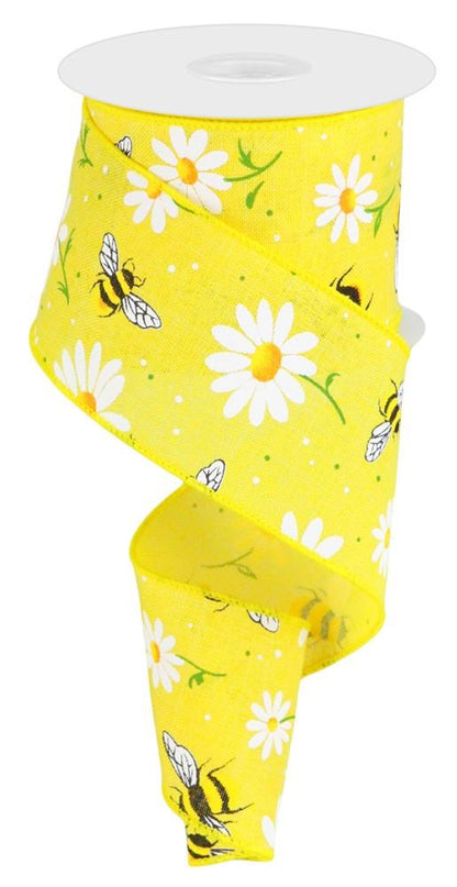Wired Ribbon * Bumble Bees And Daisies * Yellow, White, Green, Orange and Black * 2.5" x 10 Yards * RGC18488N