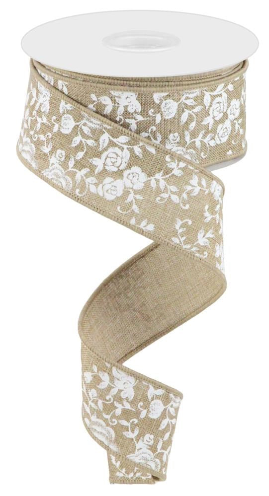 Wired Ribbon * Mini Rose * Lt. Beige and White * 1.5" x 10 Yards * Canvas * RGC186001