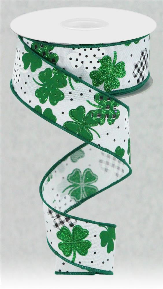 Wired Ribbon * Glitter Shamrocks * Green, Emerald, Black and White Canvas * 1.5" x 10 Yards * RGC187627