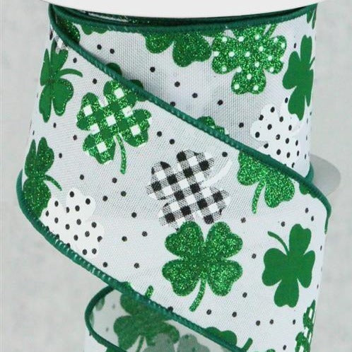 Wired Ribbon * Glitter Shamrocks * Green, Emerald, Black and White