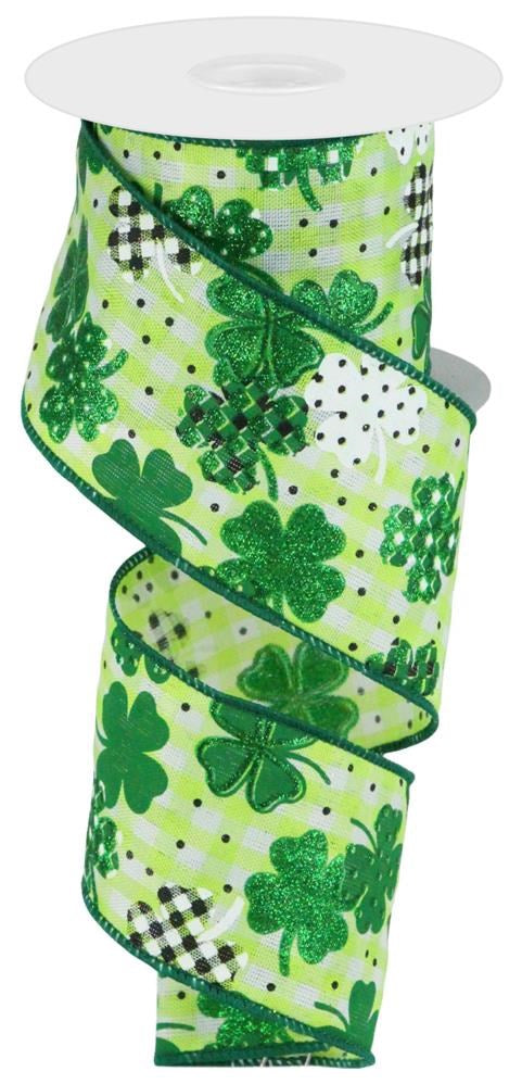 Wired Ribbon * Patterned Shamrocks * Lime, Green, Emerald, Black and White Canvas * 2.5" x 10 Yards * RGC1883