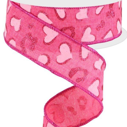 Wired Ribbon * Heart Leopard Spots * Hot Pink and Pink * 1.5" x 10 Yards * Canvas * RGC189411