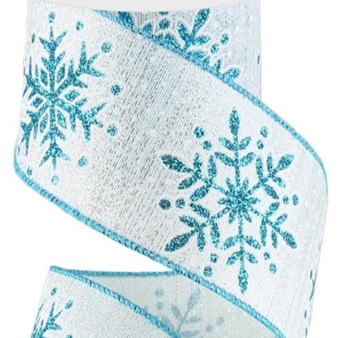 Wired Ribbon * Glittered Snowflakes Metallic * Turquoise and Silver Canvas  * 2.5" x 10 Yards * RGC1948